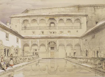 Dziedziniec Myrtles (Patio de los Arrayanes) i Pałac Karola V, z „Sketches and Drawings of the Alhambra”, ryty: James Duffield Harding (1798-1863), 1835